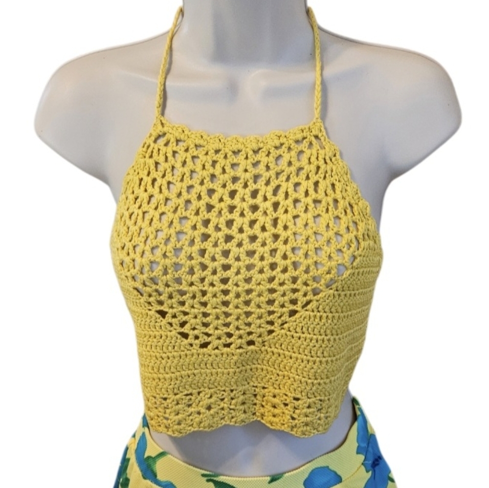 Handmade Crochet Crop-Top Yellow Open back Swimming cover-up  Hollow out stitch - Picture 3 of 17